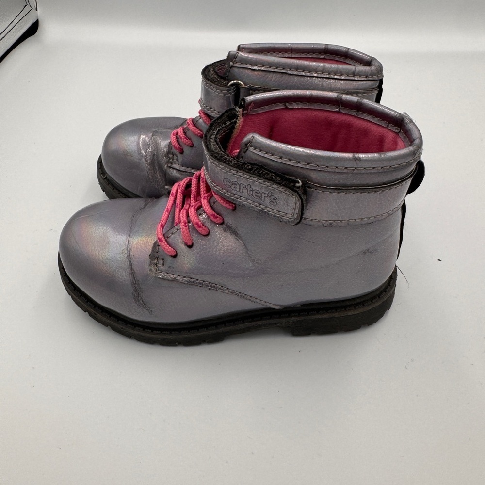 Carter's Girls Size 10 Shiny Silver Kids Combat Boots with Pink Laces - Picture 9 of 11